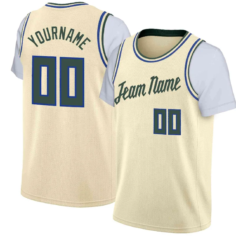 Soccer jersey with custom logo embroidery-Basketball jersey with custom logo embroidery-Custom Cream Hunter Green Classic Tops Casual Fake Sleeve Basketball Jersey