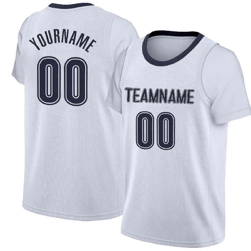 Soccer jersey for high school teams-Basketball jersey for high school teams-Custom White Navy Classic Tops Casual Fake Sleeve Basketball Jersey