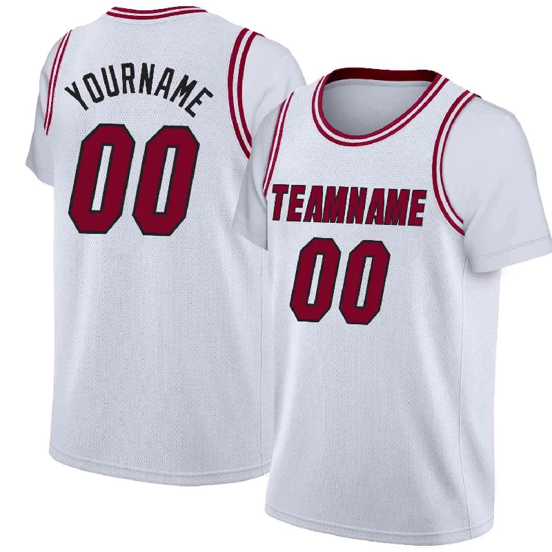 Personalized soccer jersey with modern team logo-Personalized basketball jersey with modern team logo-Custom White Maroon-Black Classic Tops Casual Fake Sleeve Basketball Jersey