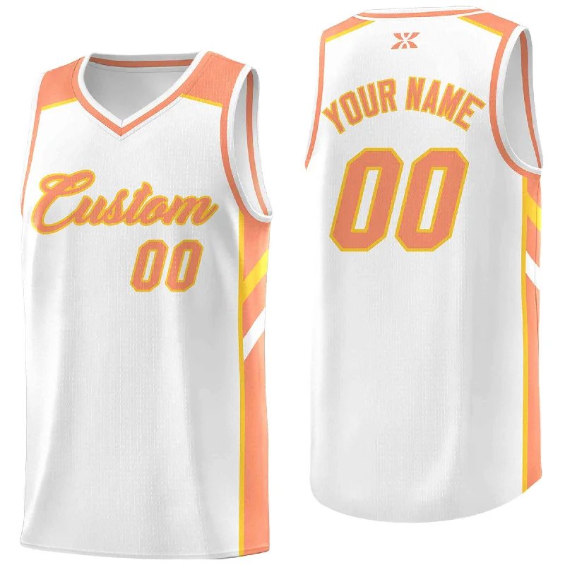 Custom soccer jersey for corporate team events-Custom basketball jersey for corporate team events-Custom White Orange-Yellow Classic Tops Style Mesh Sport Basketball Jersey