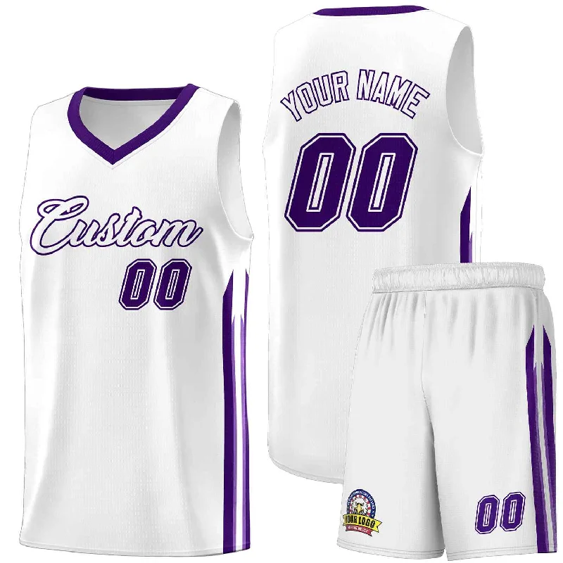 Personalized soccer jersey with custom sleeve options-Personalized basketball jersey with custom sleeve options-Custom White Purple Classic Sets Sports Uniform Basketball Jersey