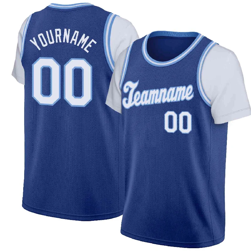 Personalized soccer jersey with custom sleeve options-Personalized basketball jersey with custom sleeve options-Custom Royal White-Light Blue Classic Tops Casual Fake Sleeve Basketball Jersey