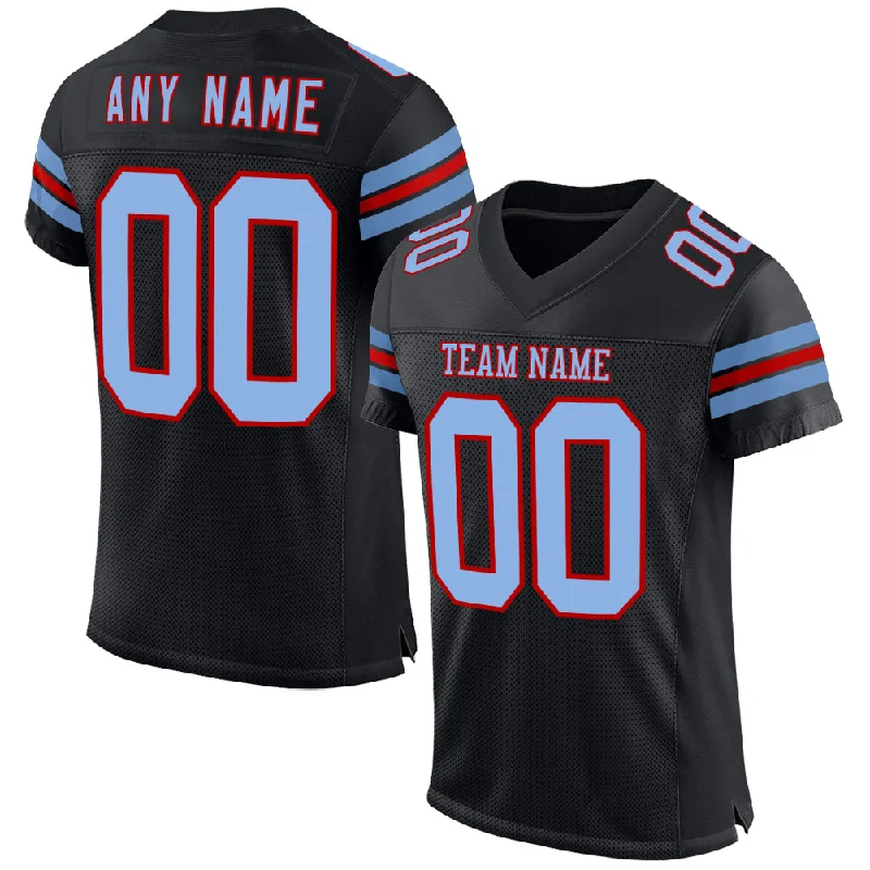 Personalized soccer jersey for casual wear-Custom Black Light Blue-Red Mesh Authentic Football Jersey