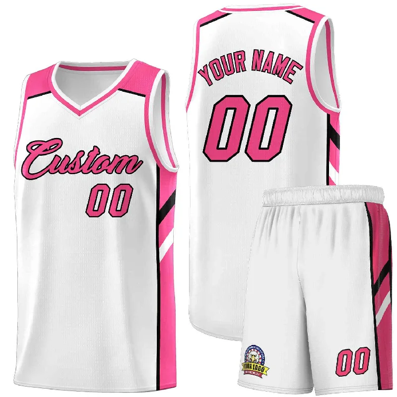 Soccer jersey with custom logo embroidery-Basketball jersey with custom logo embroidery-Custom White Pink-Black Classic Sets Sports Uniform Basketball Jersey