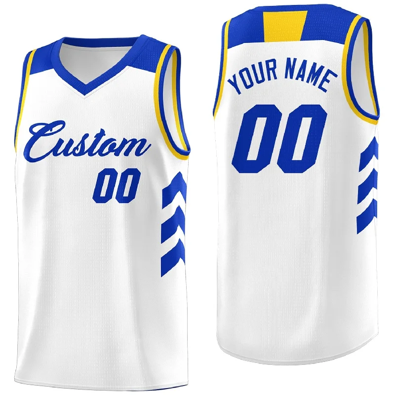 Custom soccer jersey for ultimate team pride-Custom basketball jersey for ultimate team pride-Custom White Royal-Yellow Classic Tops Fashion Basketball Jersey