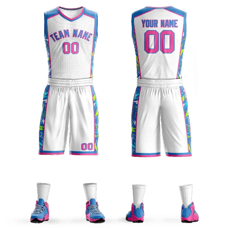 Custom soccer jersey for recreational leagues-Custom basketball jersey for recreational leagues-Custom White Powder Blue-Pink Graffiti Pattern Sets Lightning Basketball Jersey