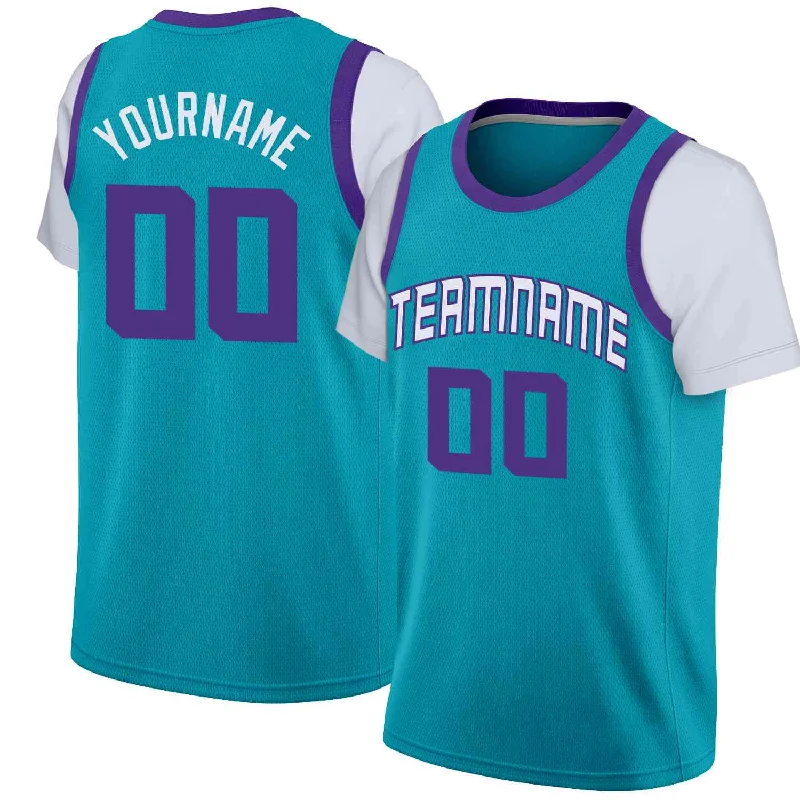 Custom soccer jersey with modern design-Custom basketball jersey with modern design-Custom Teal White-Purple Classic Tops Casual Fake Sleeve Basketball Jersey