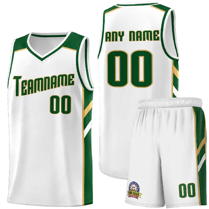 Retro-style soccer jersey with team branding-Retro-style basketball jersey with team branding-Custom White Green-Old Gold Classic Sets Sports Uniform Basketball Jersey