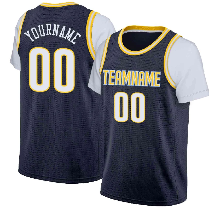 Custom soccer jersey for ultimate team pride-Custom basketball jersey for ultimate team pride-Custom Navy Yellow-Light Blue Classic Tops Casual Fake Sleeve Basketball Jersey