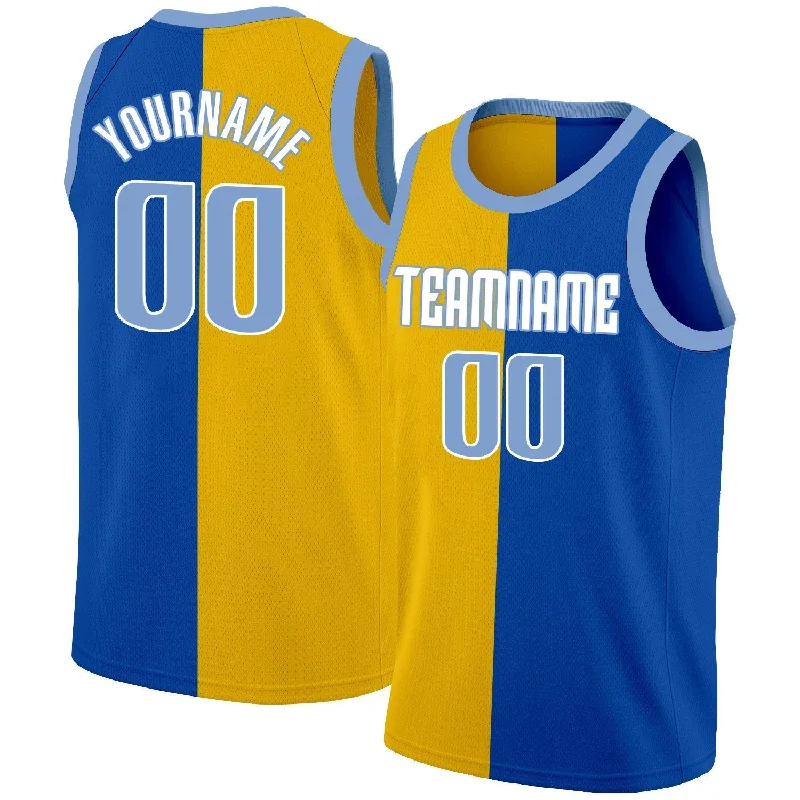 Personalized soccer jersey with motivational quotes-Personalized basketball jersey with motivational quotes-Custom Yellow Blue-White Split Fashion Tops Basketball Jersey