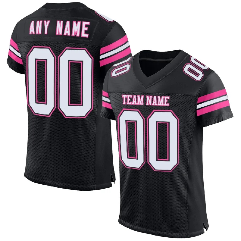 Soccer jersey with custom team branding-Custom Black White-Pink Mesh Authentic Football Jersey