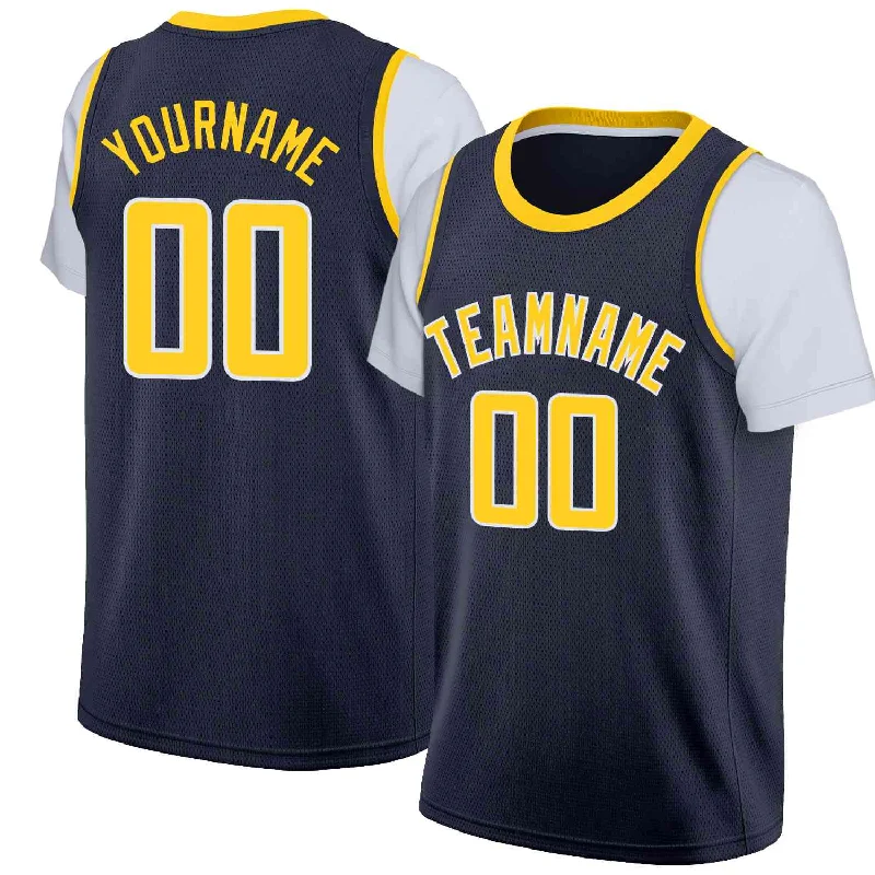 Personalized soccer jersey with bold graphic prints-Personalized basketball jersey with bold graphic prints-Custom Navy Yellow-White Classic Tops Casual Fake Sleeve Basketball Jersey