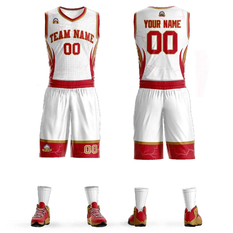 Personalized soccer jersey for sports enthusiasts-Personalized basketball jersey for sports enthusiasts-Custom White Red-Old Gold Graffiti Pattern Sets Lightning Basketball Jersey