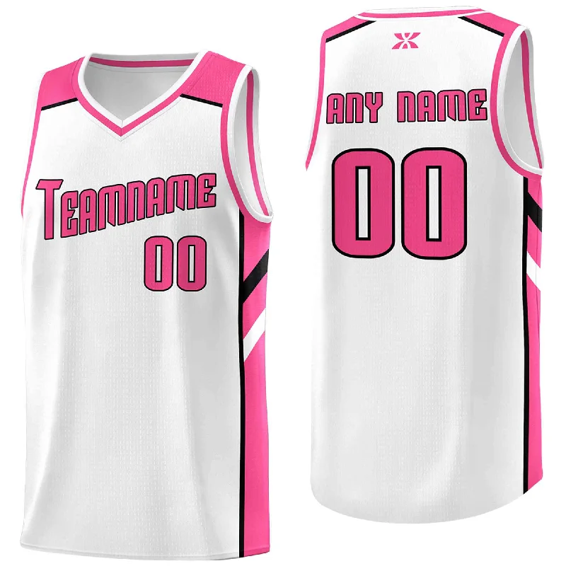 Custom soccer jersey for tournaments and competitions-Custom basketball jersey for tournaments and competitions-Custom White Pink-Black Classic Tops Style Mesh Sport Basketball Jersey