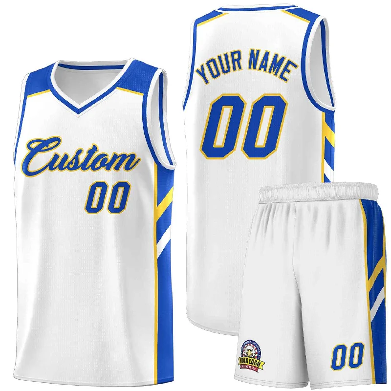 Custom soccer jersey for both indoor and outdoor games-Custom basketball jersey for both indoor and outdoor games-Custom White Royal-Yellow Classic Sets Sports Uniform Basketball Jersey