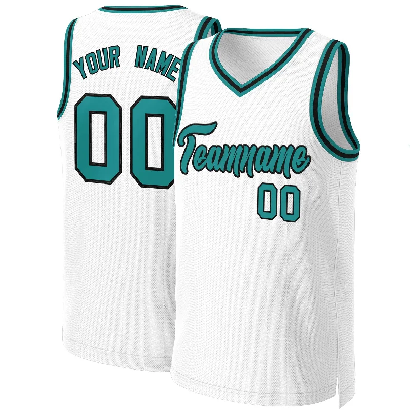 Custom soccer jersey for charity events-Custom basketball jersey for charity events-Custom White Teal-Black Classic Tops Basketball Jersey