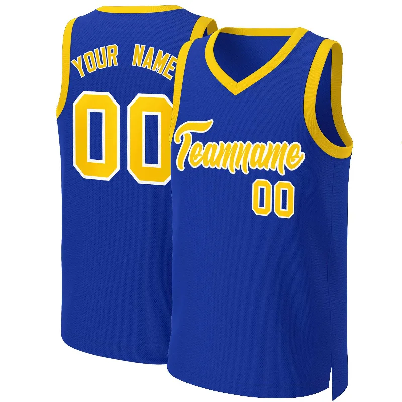 Custom soccer jersey with your favorite team-Custom basketball jersey with your favorite team-Custom Royal Yellow-White Classic Tops Basketball Jersey