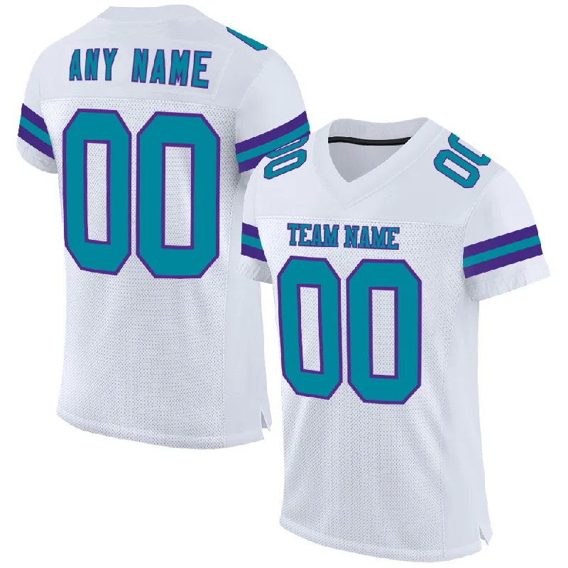 Soccer jersey with player name and number personalization-Custom White Teal-Purple Mesh Authentic Football Jersey