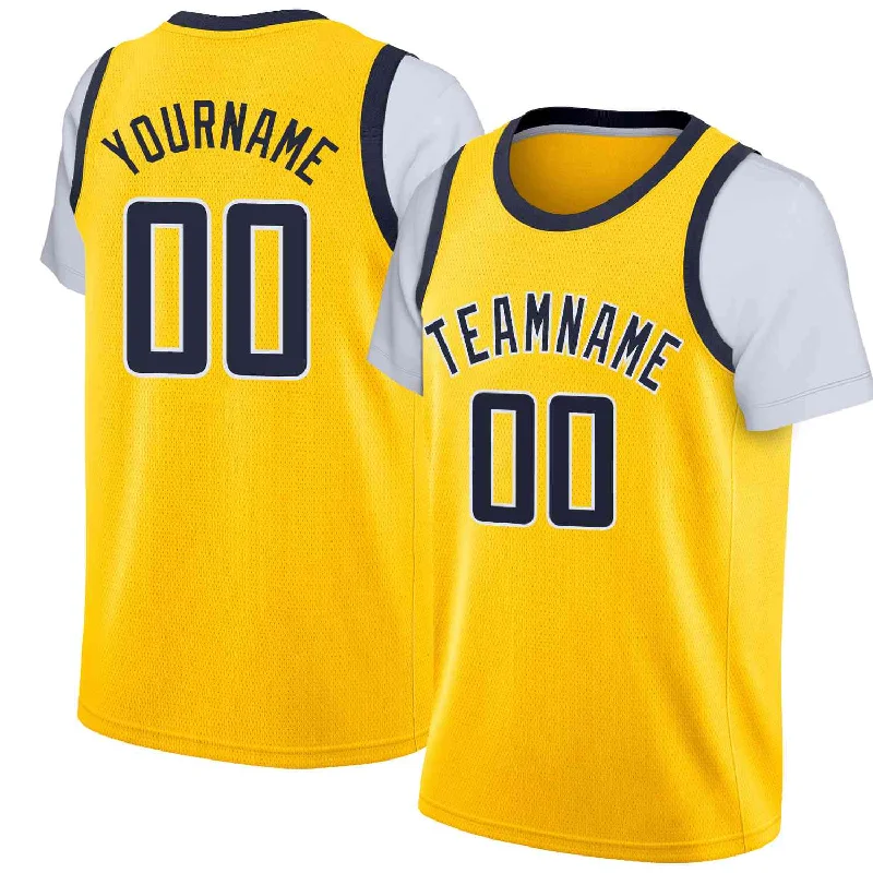 Soccer jersey with modern cut and fit-Basketball jersey with modern cut and fit-Custom Yellow Navy-White Classic Tops Casual Fake Sleeve Basketball Jersey