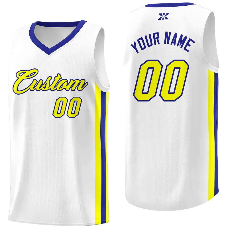 Custom soccer jersey for fun and sporty looks-Custom basketball jersey for fun and sporty looks-Custom White Yellow-Royal Classic Tops Mesh Sport Basketball Jersey