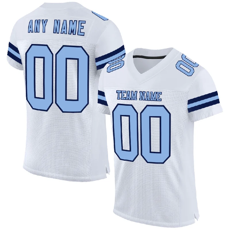 Custom soccer jersey with special fabric for comfort-Custom White Light Blue-Navy Mesh Authentic Football Jersey