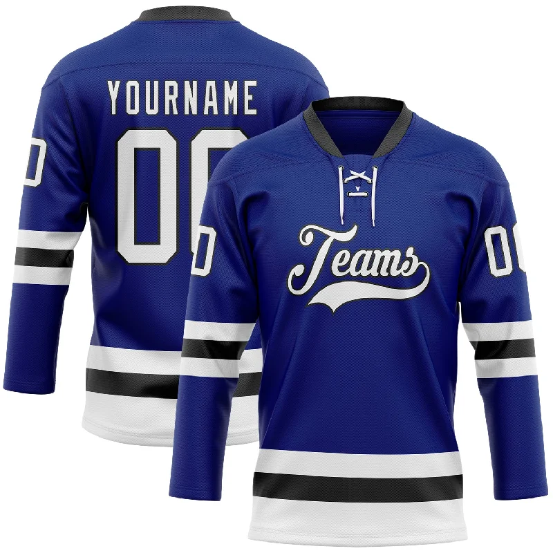 Custom hockey jersey with exclusive team patterns-Custom Royal White-Black Hockey Lace Neck Jersey