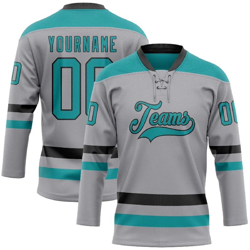 Hockey jersey with mesh inserts for enhanced airflow-Custom Gray Teal-Black Hockey Lace Neck Jersey