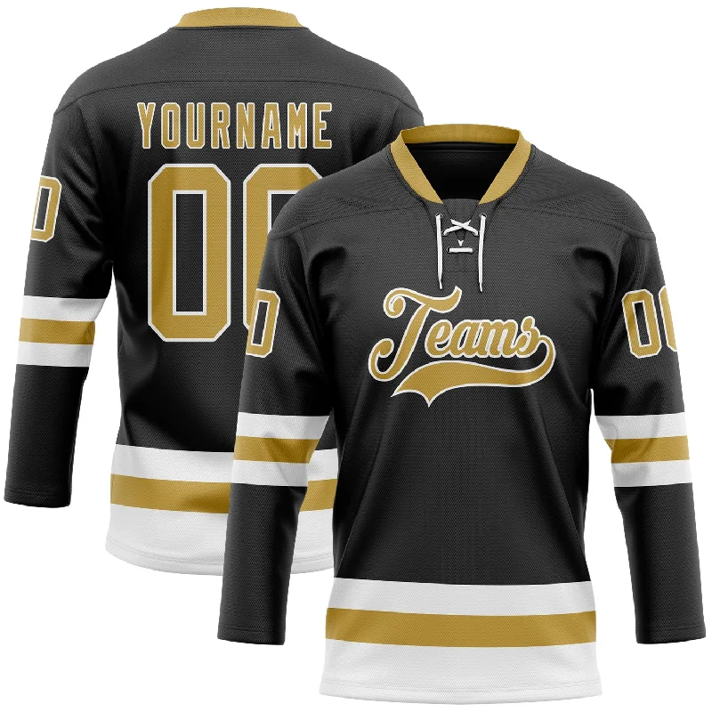 Personalized hockey jersey for local leagues and events-Custom Black Old Gold-White Hockey Lace Neck Jersey