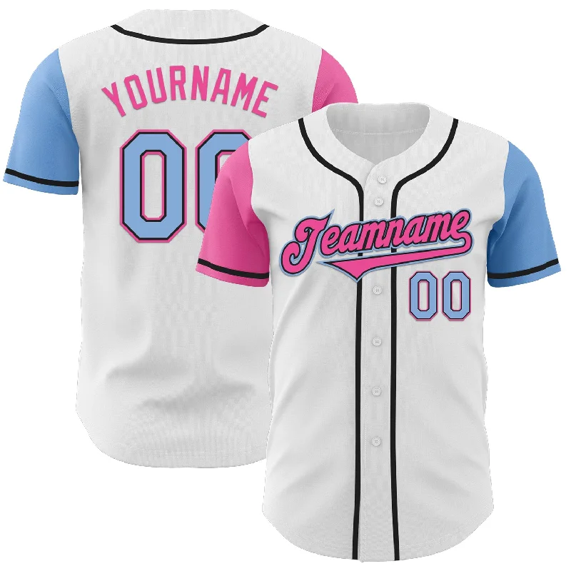 Custom baseball jersey for team photos and events-Custom White Light Blue Black-Pink Authentic Two Tone Baseball Jersey