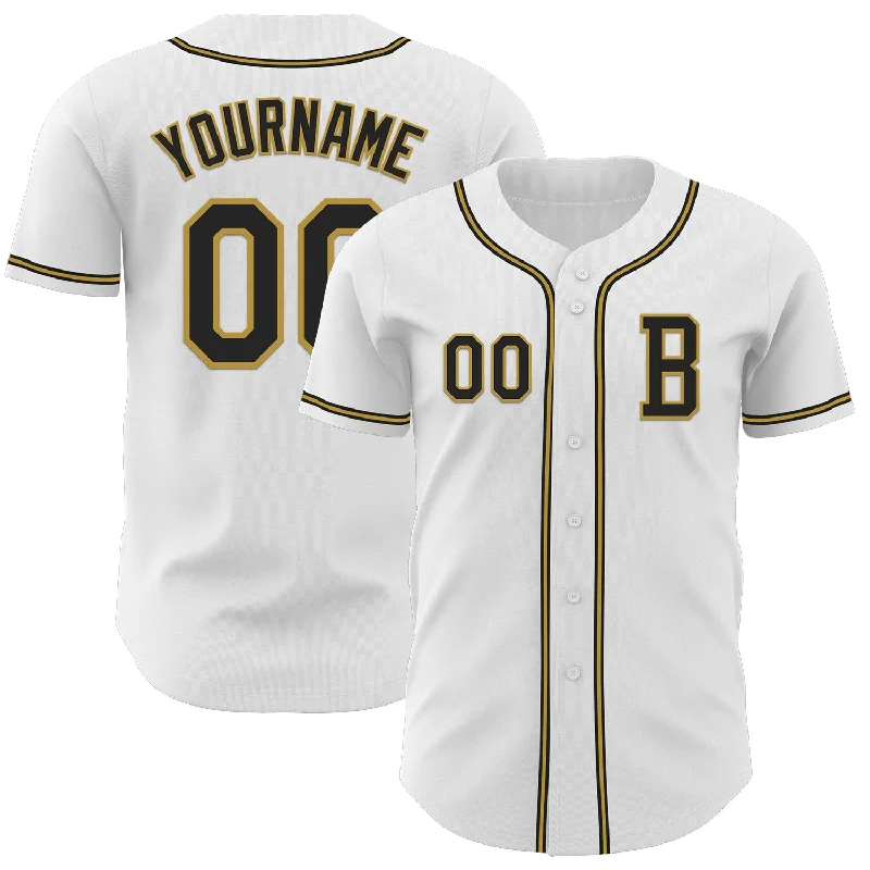 Custom baseball jersey with embroidery and patches-Custom White Black-Old Gold Authentic Baseball Jersey