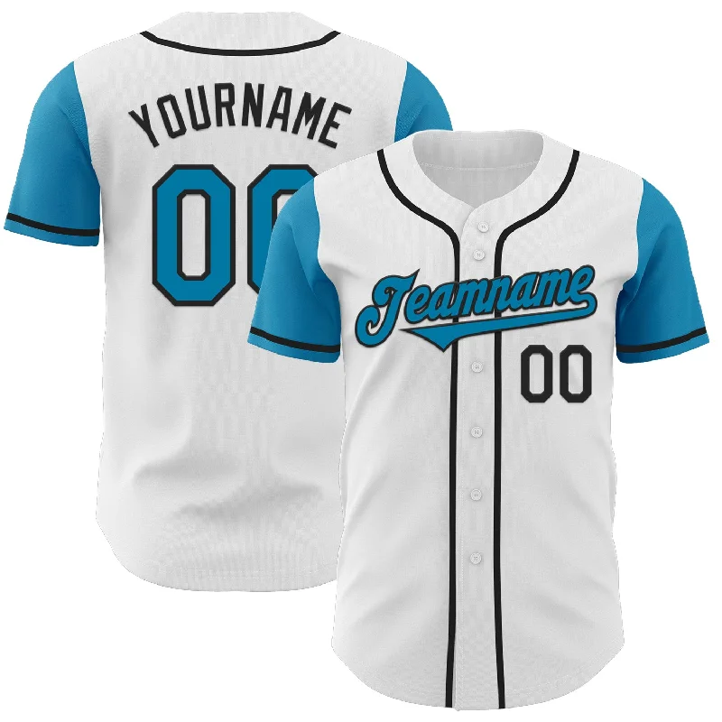 Custom baseball jersey for fan gifts and memorabilia-Custom White Panther Blue-Black Authentic Two Tone Baseball Jersey