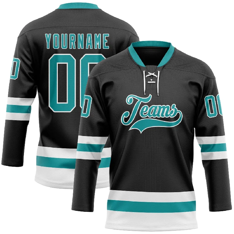 Personalized hockey jersey with player number and name-Custom Black Teal-White Hockey Lace Neck Jersey