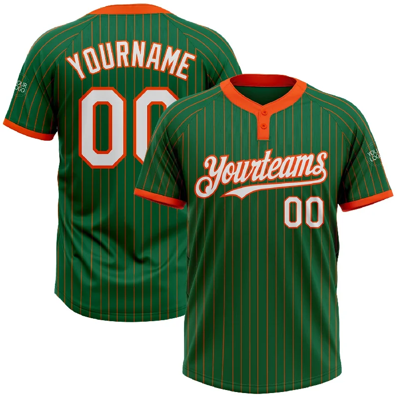 Softball jersey with mesh fabric for ultimate ventilation-Custom Kelly Green Orange Pinstripe White Two-Button Unisex Softball Jersey