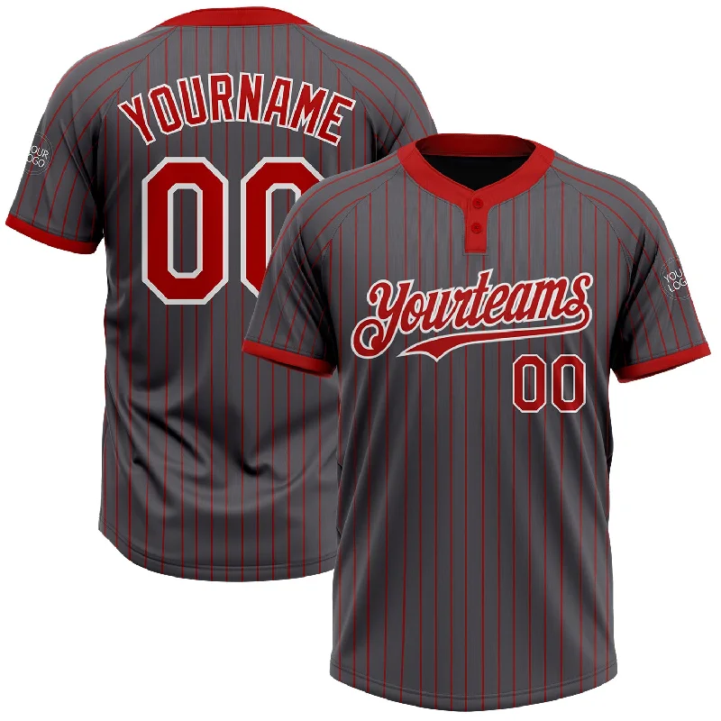 Custom softball jersey for fundraising events-Custom Steel Gray Red Pinstripe White Two-Button Unisex Softball Jersey