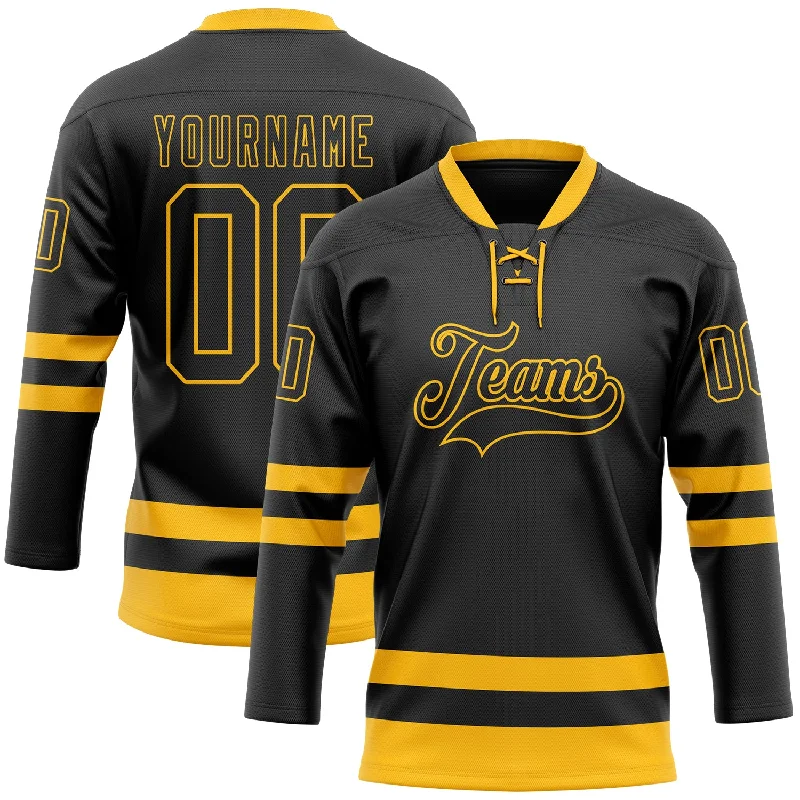 Personalized hockey jersey with bold team designs-Custom Black Gold Hockey Lace Neck Jersey