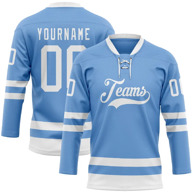 Custom hockey jersey with a unique, professional style-Custom Light Blue White Hockey Lace Neck Jersey