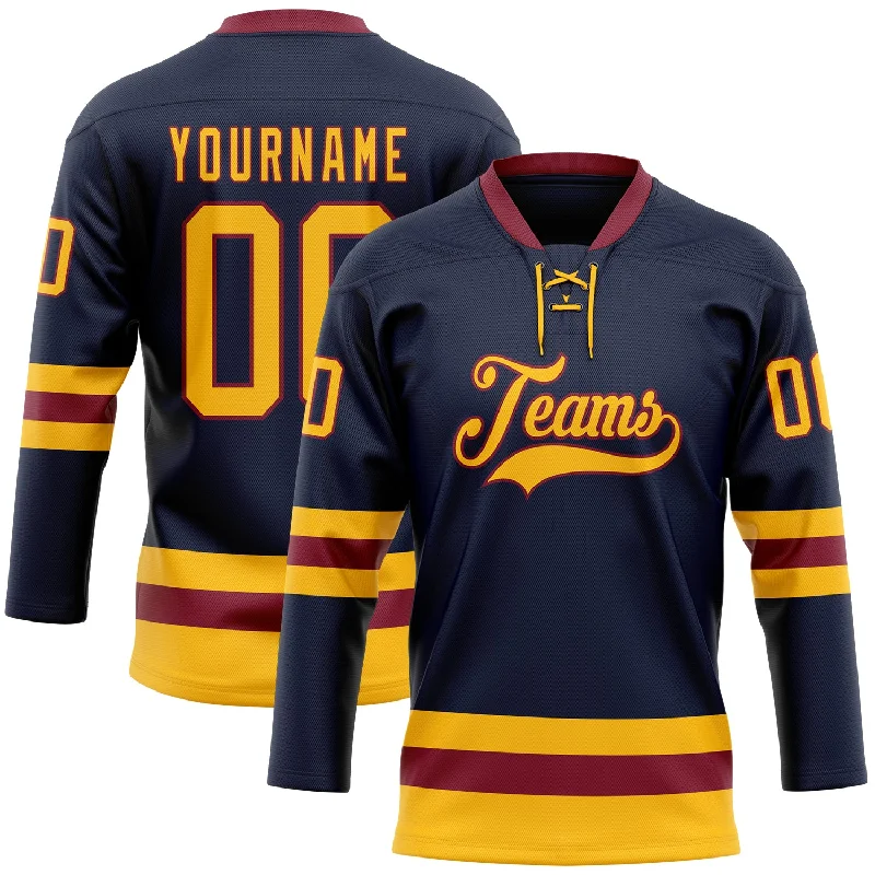 Hockey jersey with smooth fabric for ease of movement-Custom Navy Gold-Crimson Hockey Lace Neck Jersey