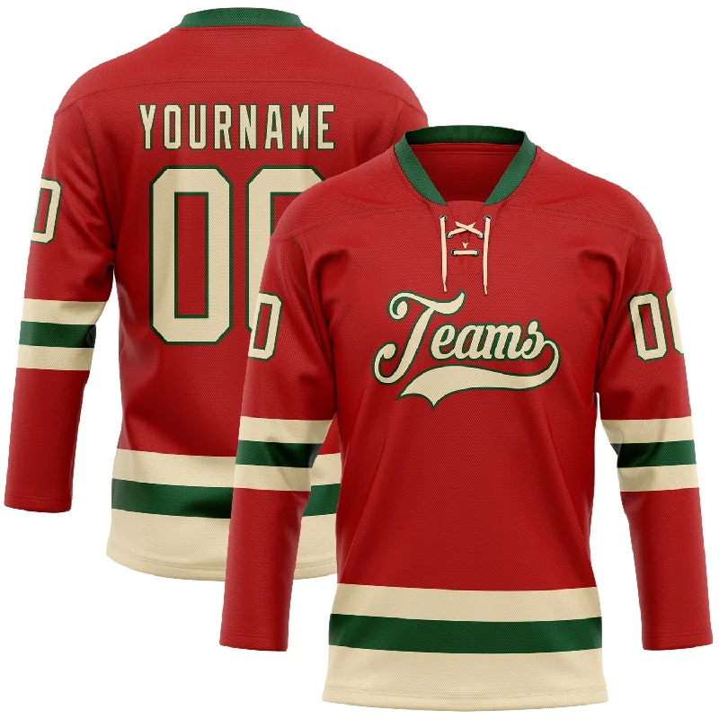 Custom hockey jersey with signature team logos-Custom Red Cream-Green Hockey Lace Neck Jersey