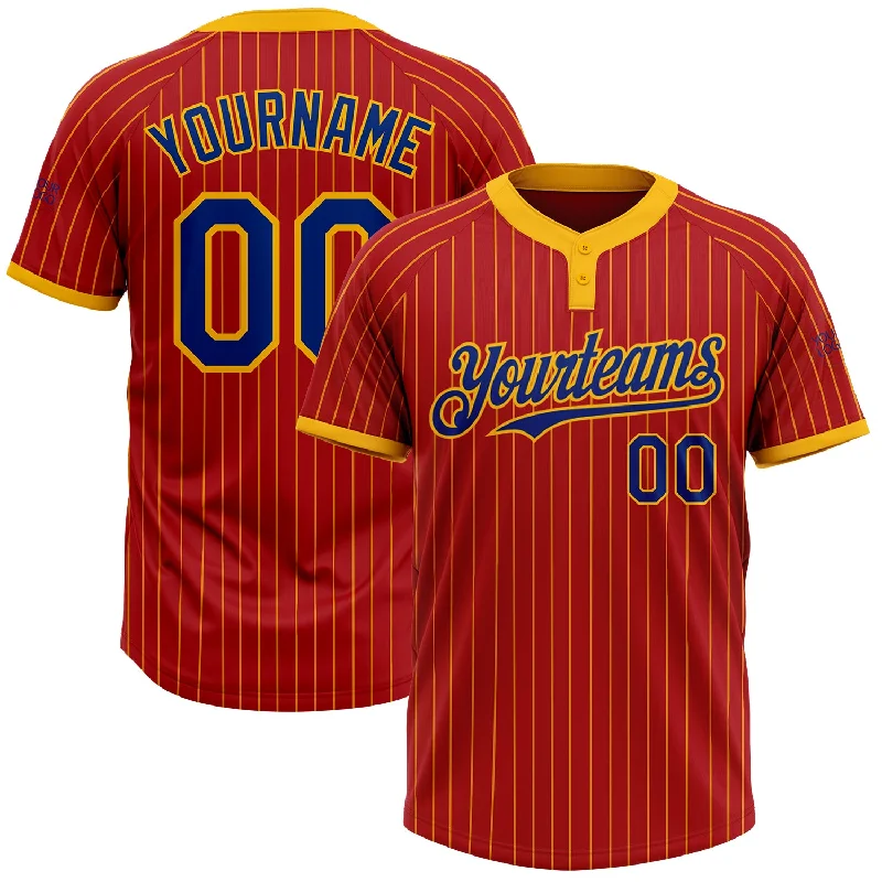 Softball jersey with breathable mesh panels on the sides-Custom Red Gold Pinstripe Royal Two-Button Unisex Softball Jersey