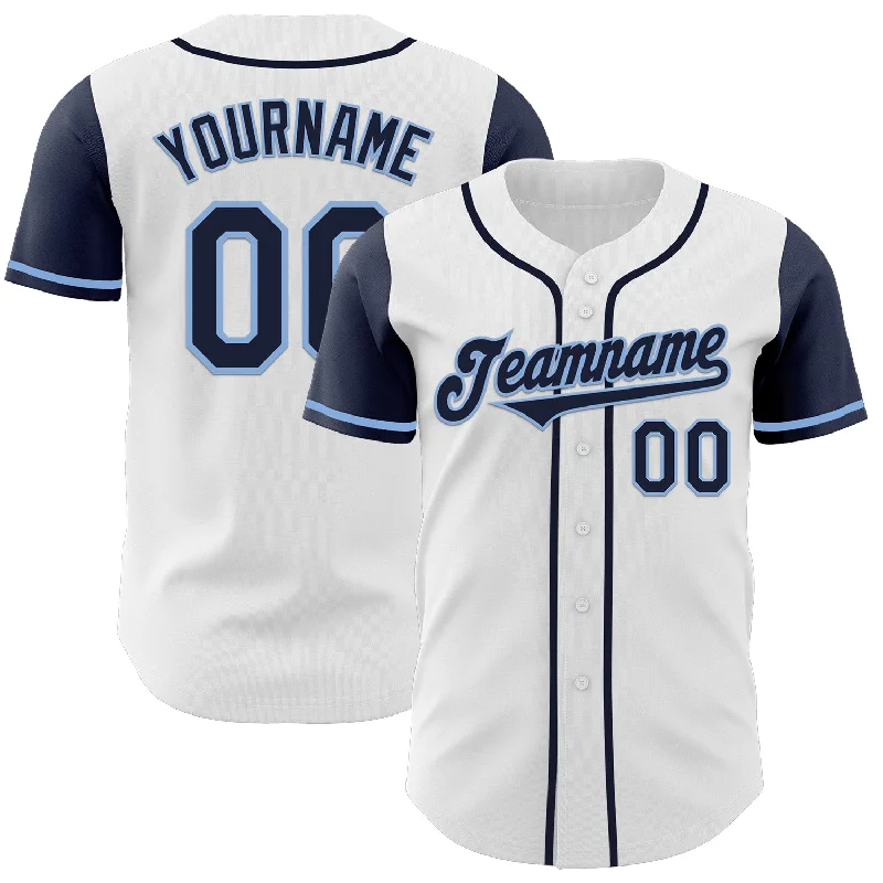 Baseball jersey with stylish details for fashion-conscious fans-Custom White Navy-Light Blue Authentic Two Tone Baseball Jersey