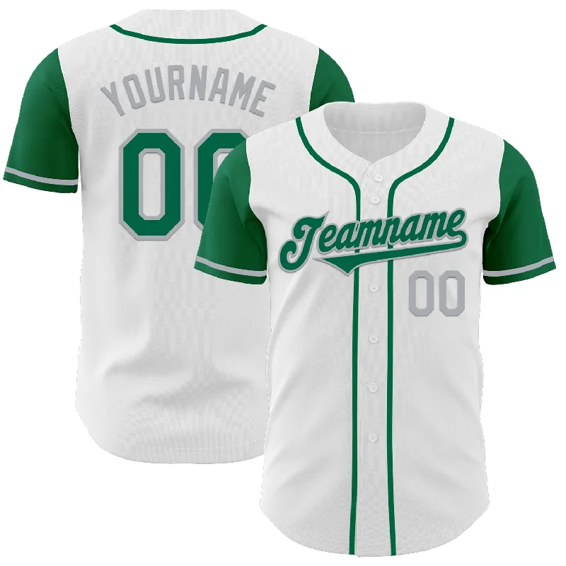 Personalized baseball jersey for sports fans-Custom White Kelly Green-Gray Authentic Two Tone Baseball Jersey