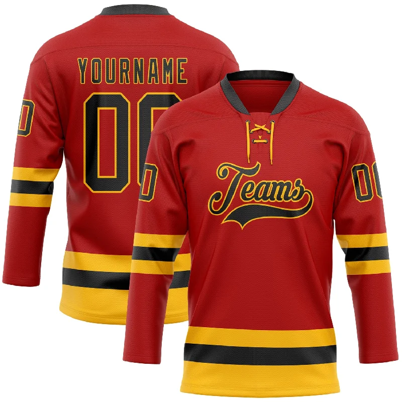 Hockey jersey with reinforced stitching for durability-Custom Red Black-Gold Hockey Lace Neck Jersey