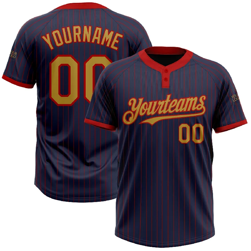 Premium softball jersey for tournaments-Custom Navy Red Pinstripe Old Gold Two-Button Unisex Softball Jersey