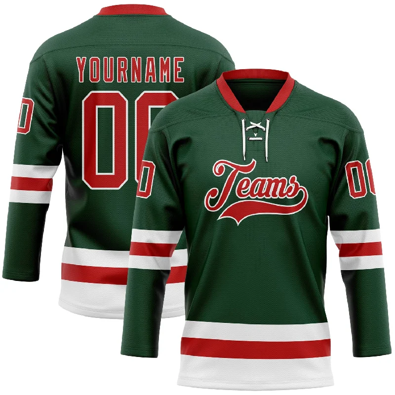 Custom hockey jersey for youth teams-Custom Green Red-White Hockey Lace Neck Jersey