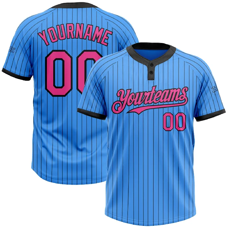 Softball jersey with stylish side panels for a modern look-Custom Electric Blue Black Pinstripe Pink Two-Button Unisex Softball Jersey