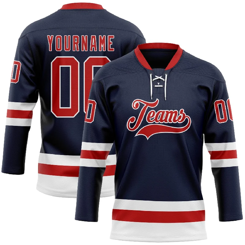 Custom hockey jersey with high-tech moisture control-Custom Navy Red-White Hockey Lace Neck Jersey