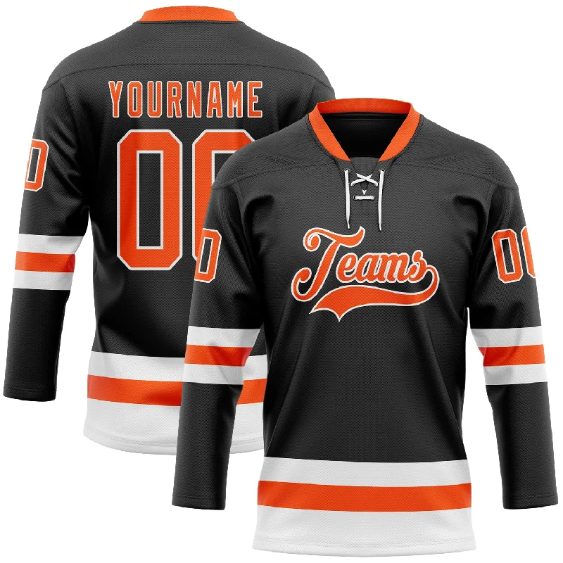 Hockey jersey with a lightweight feel for mobility-Custom Black Orange-White Hockey Lace Neck Jersey