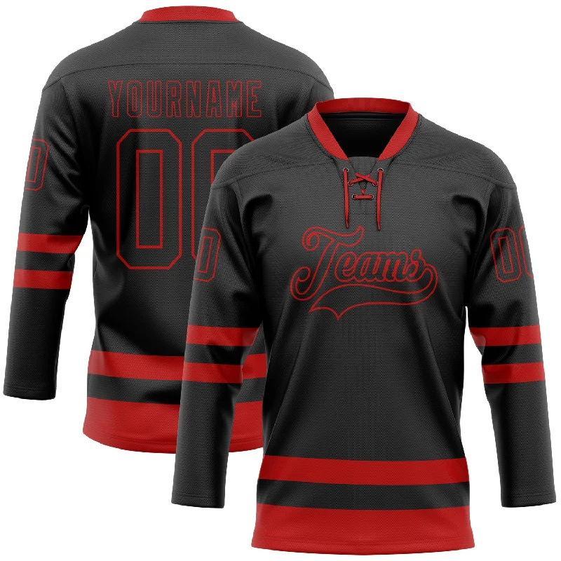 Custom hockey jersey with detailed stitching and logos-Custom Black Red Hockey Lace Neck Jersey