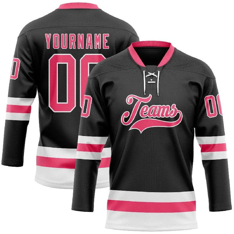 Hockey jersey with classic design for traditional fans-Custom Black Neon Pink-White Hockey Lace Neck Jersey