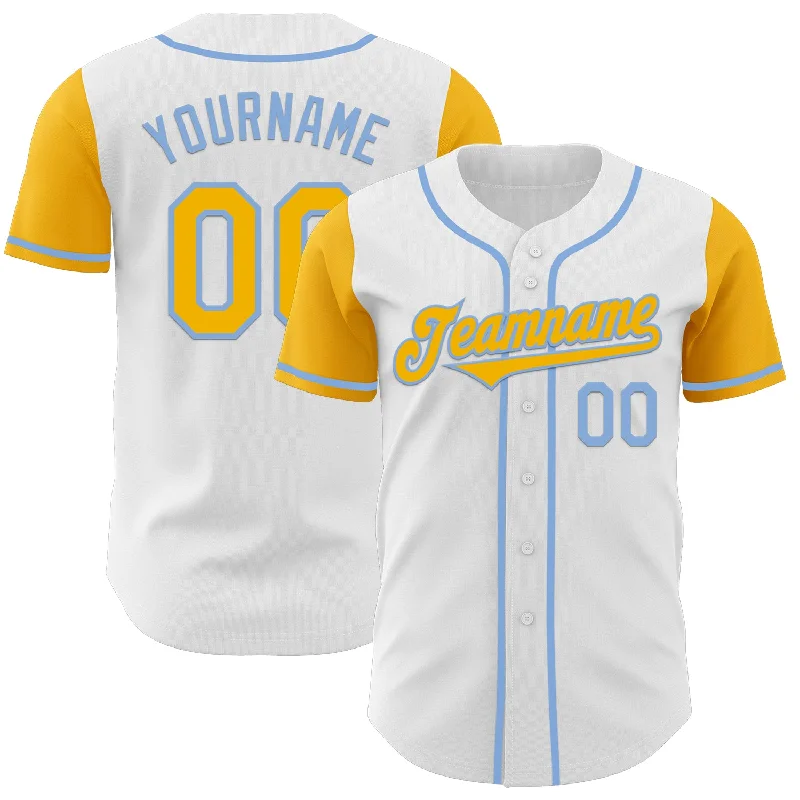 Custom baseball jersey for team spirit and pride-Custom White Gold-Light Blue Authentic Two Tone Baseball Jersey